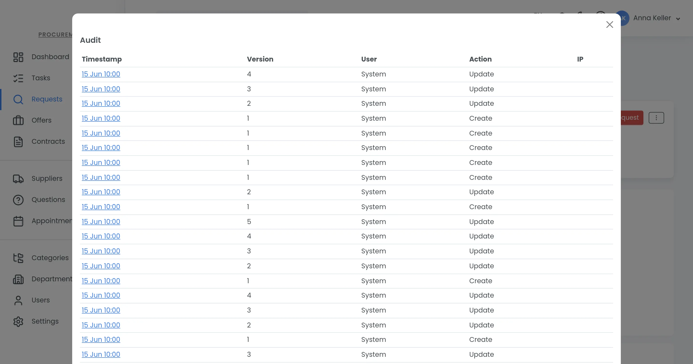 The audit log of a tender: every change with its timestamp, version, user and action.