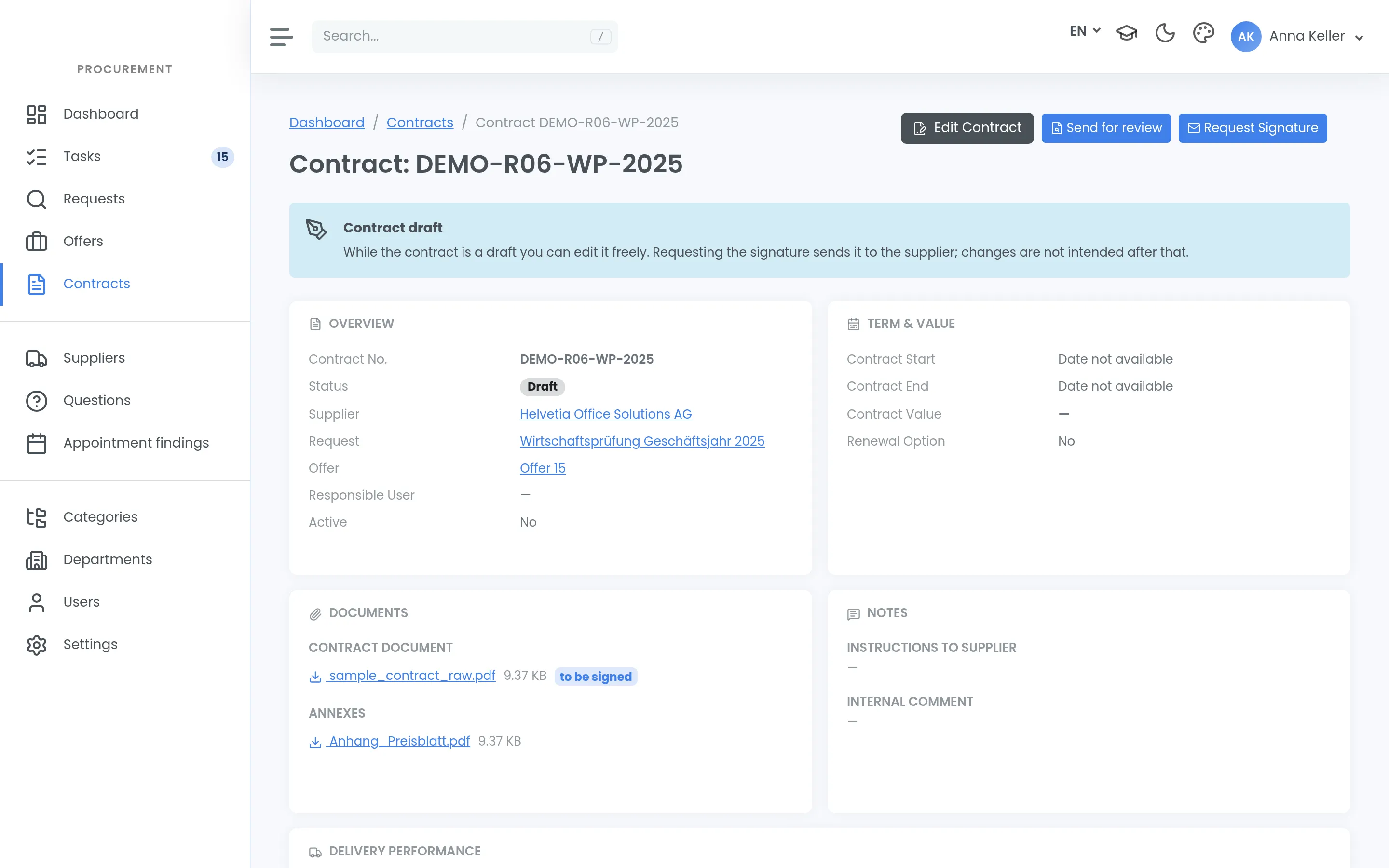 A contract in draft with its number, supplier, the linked tender and the contract documents.