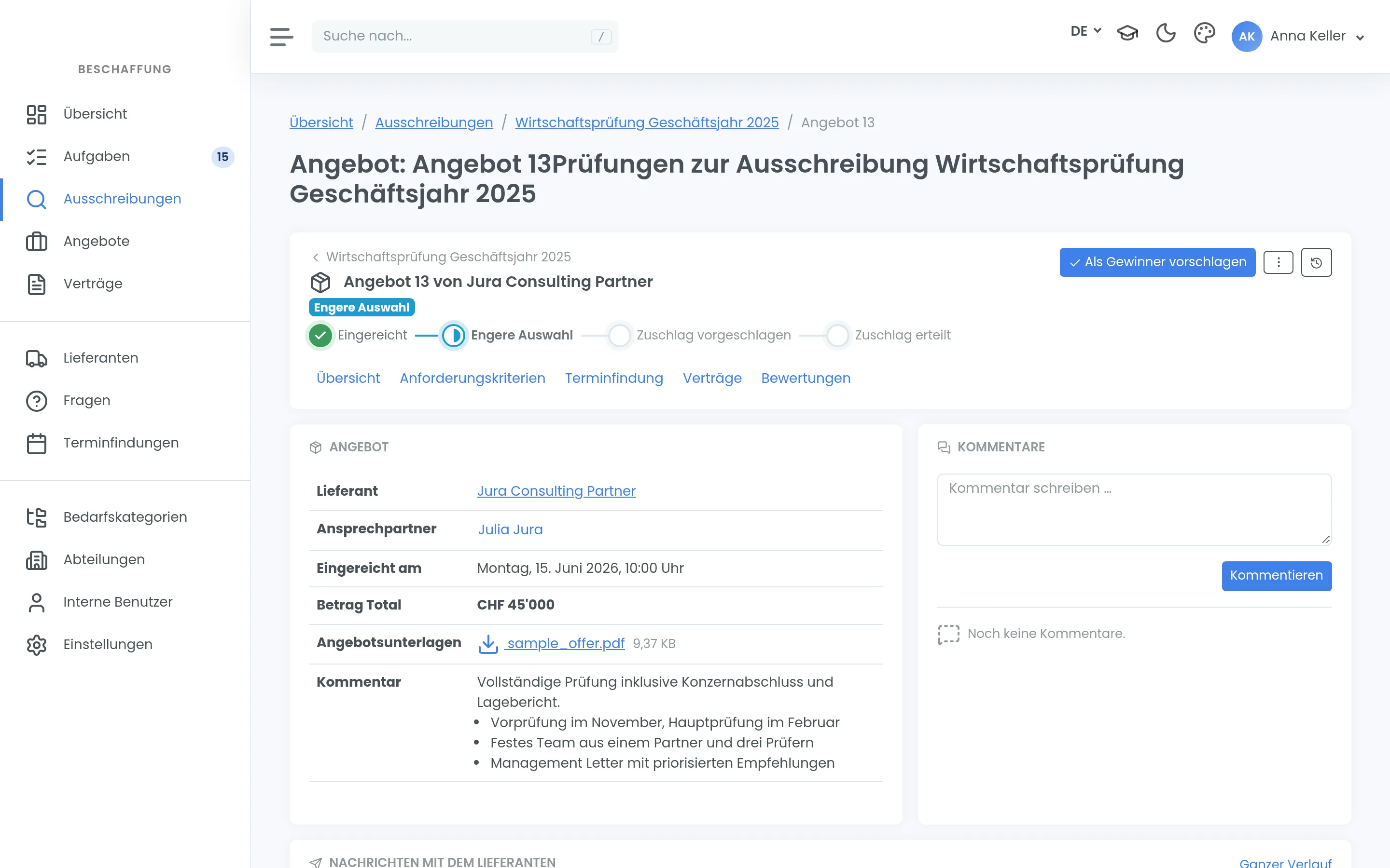 Ein Angebot in der engeren Auswahl mit Lieferant, Betrag und Unterlagen sowie der Schaltfläche «Als Gewinner vorschlagen».