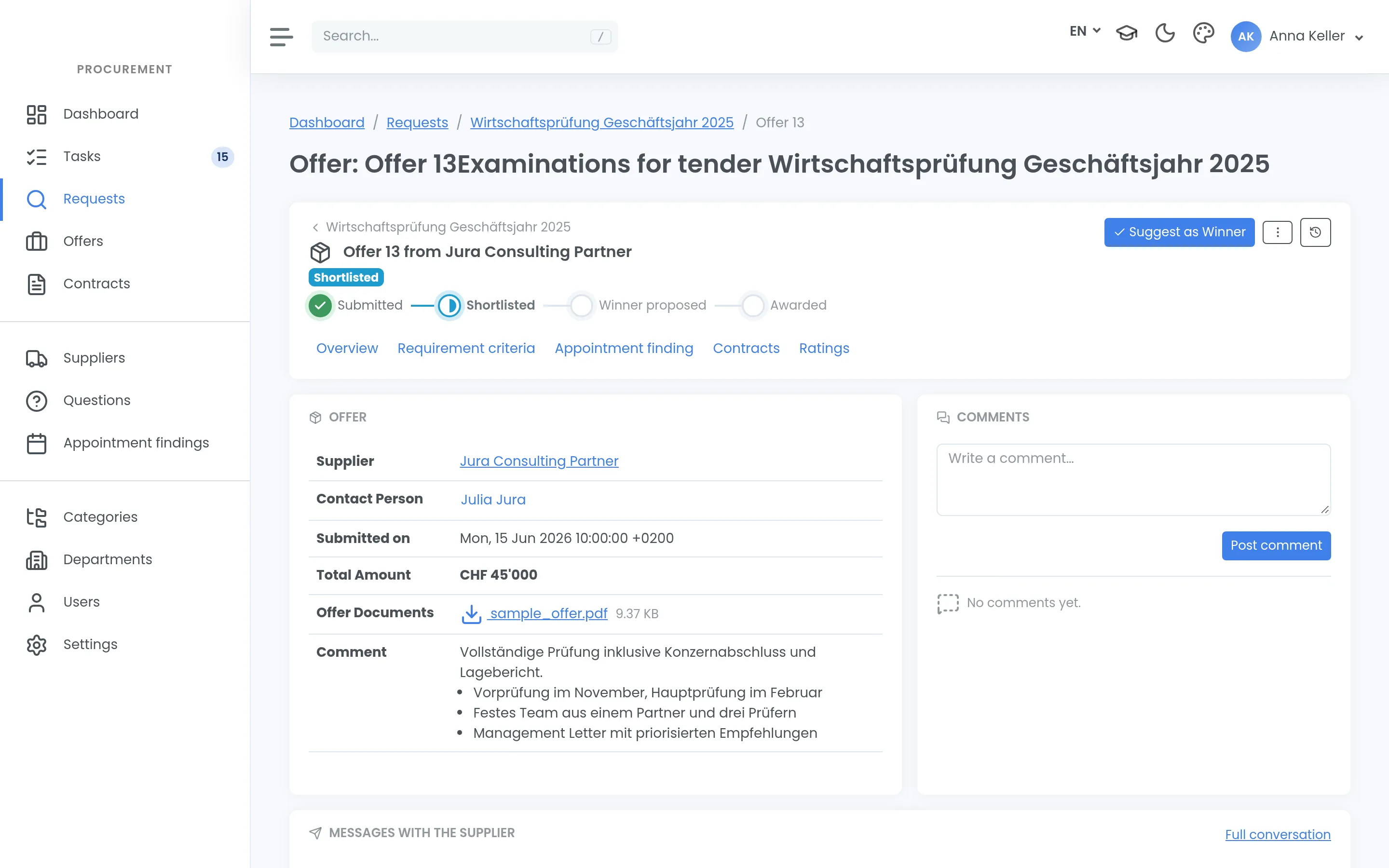 A shortlisted offer with supplier, amount and documents, and the button to propose it as the winner.