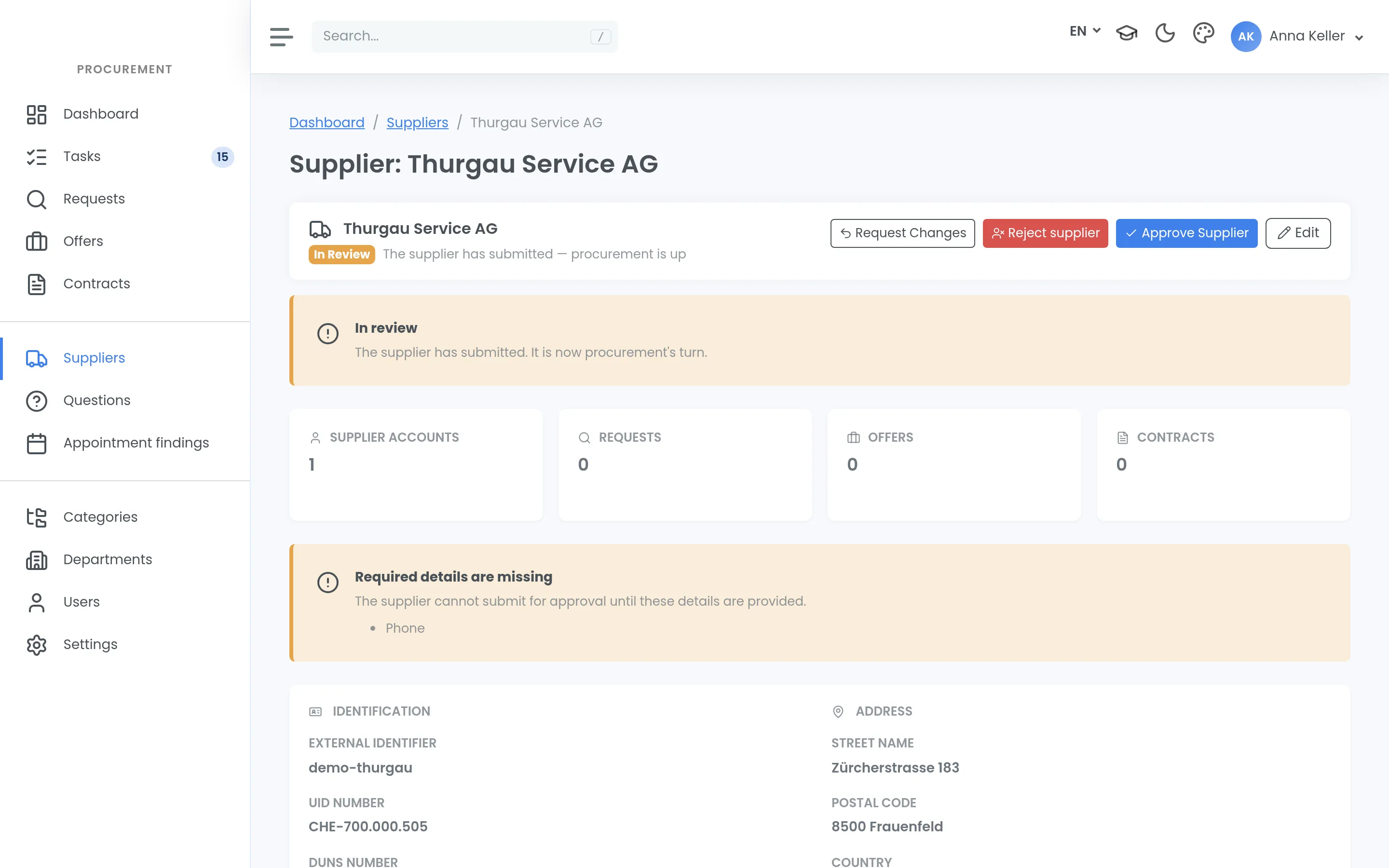 A supplier under review, with the buttons to request corrections, reject or approve the supplier, and a notice about missing mandatory details.