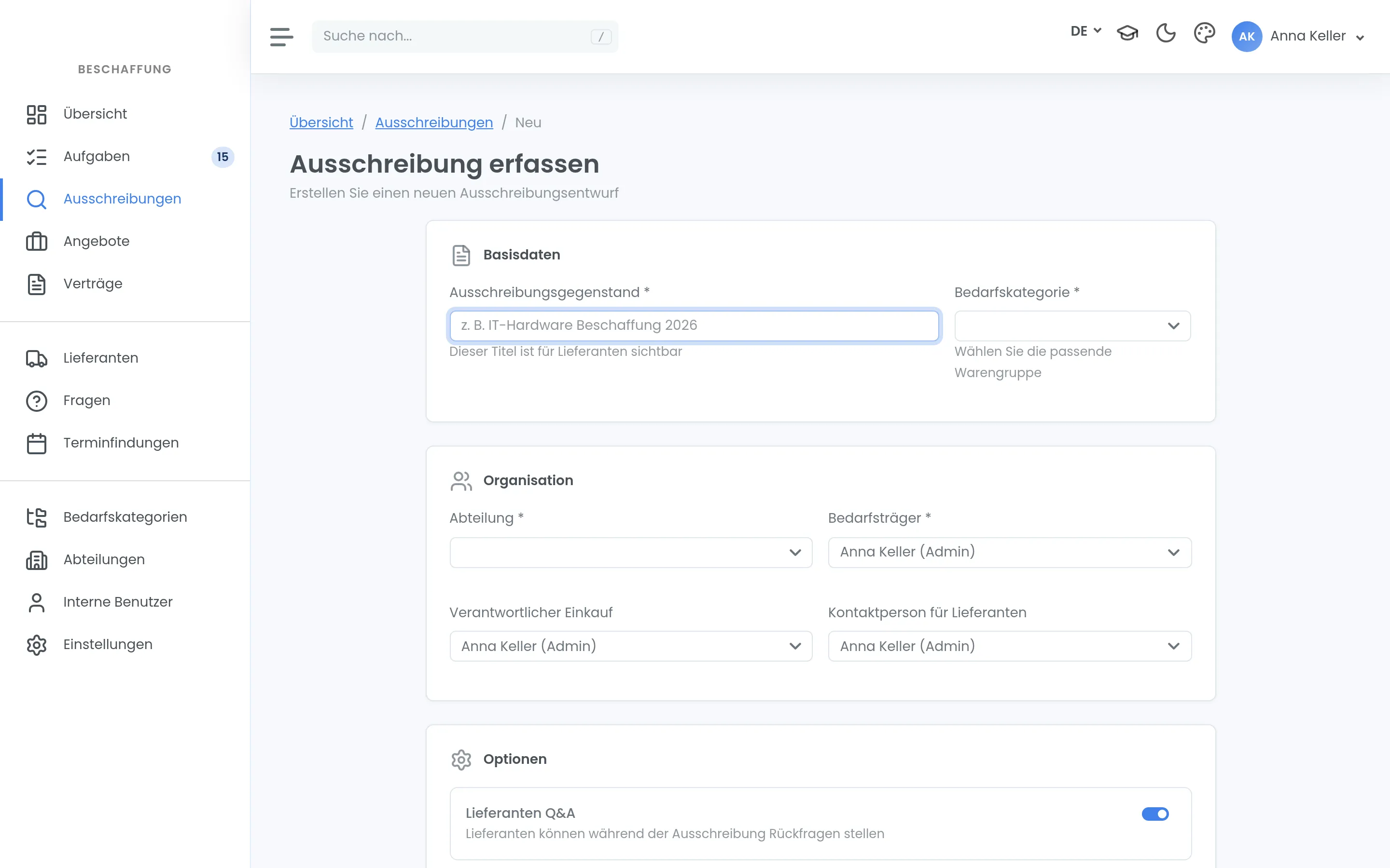Das Formular «Ausschreibung erfassen» mit den Abschnitten Basisdaten, Organisation und Optionen.