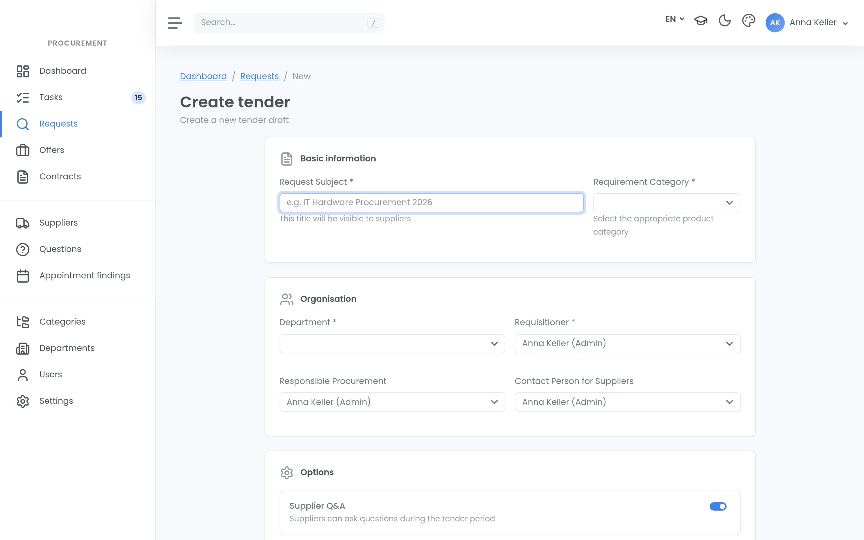 The form for creating a tender, with the sections for basic data, organisation and options.