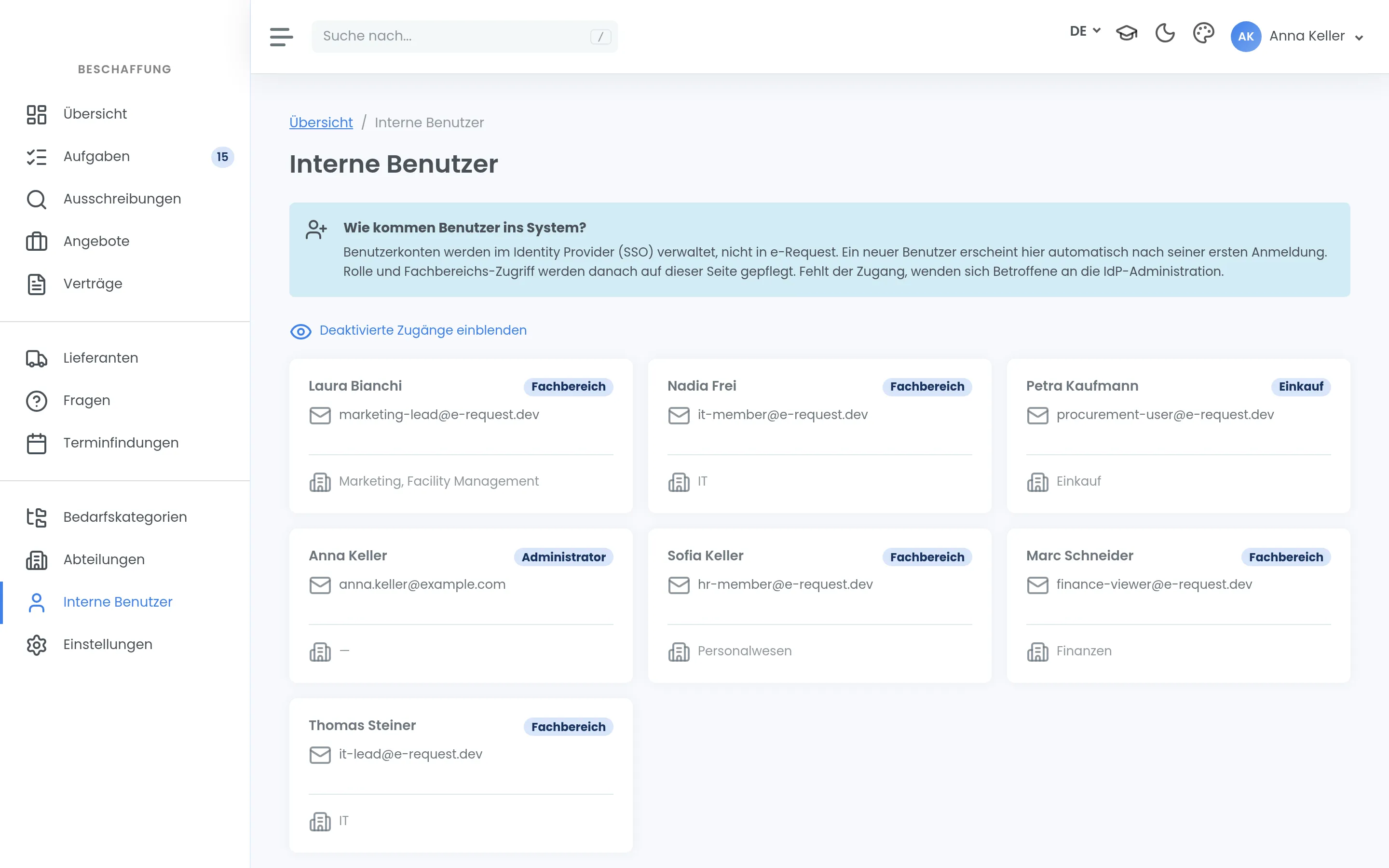 Die internen Benutzer als Karten, jede mit Rolle, E-Mail-Adresse und Abteilung.